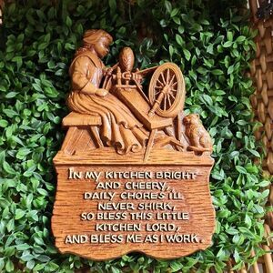 Vintage Faux Wood Kitchen Blessing Plaque Woman Spinning Wheel Cat